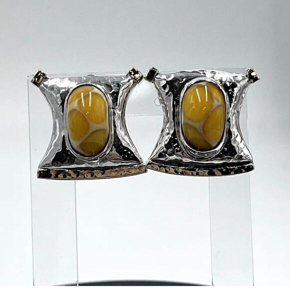 Dian Malouf Yellow Giraffe Chalcedony Sterling 925 14K Gold Clip-On Earrings - Picture 8 of 8